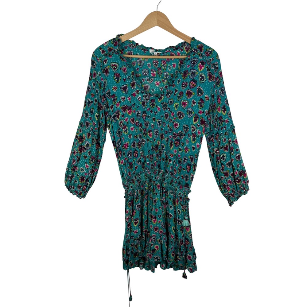 Poupette St Barth Heart Evil Eye Print Ruffle Mini Dress Small Boho Resort Beach